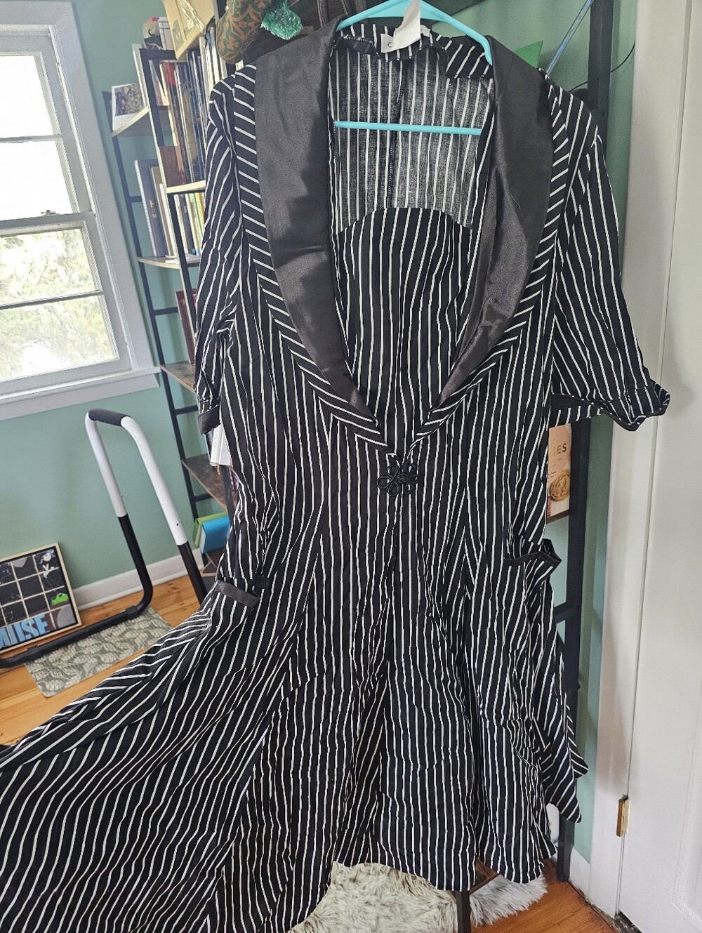 Chic Star Black and White Pinstripe Midi Dress with Satin Shawl Collar